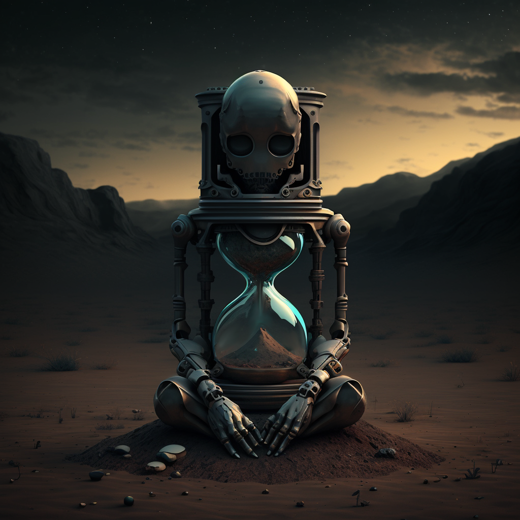 a photo of a robot with a hourglass as a body, sitting in a barren landscape