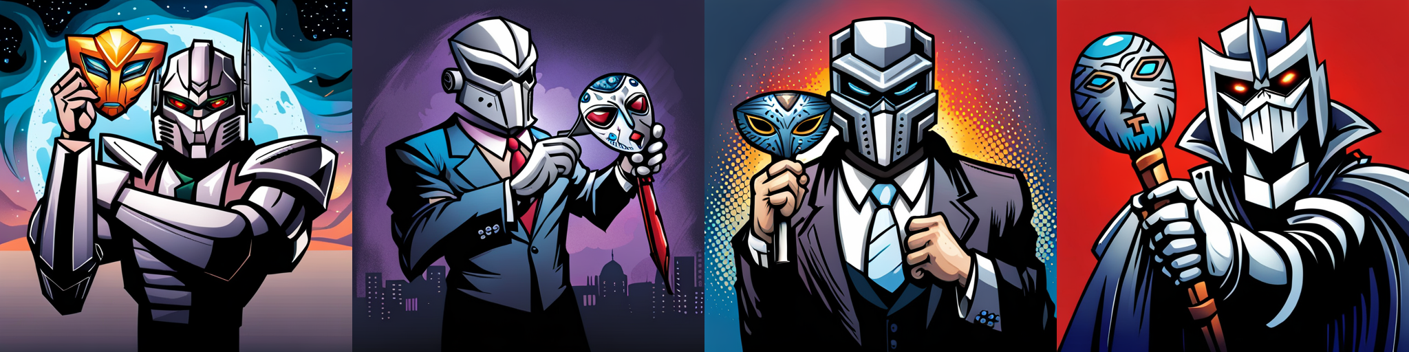 Four transformer characters holding up masks, drawn in comic style